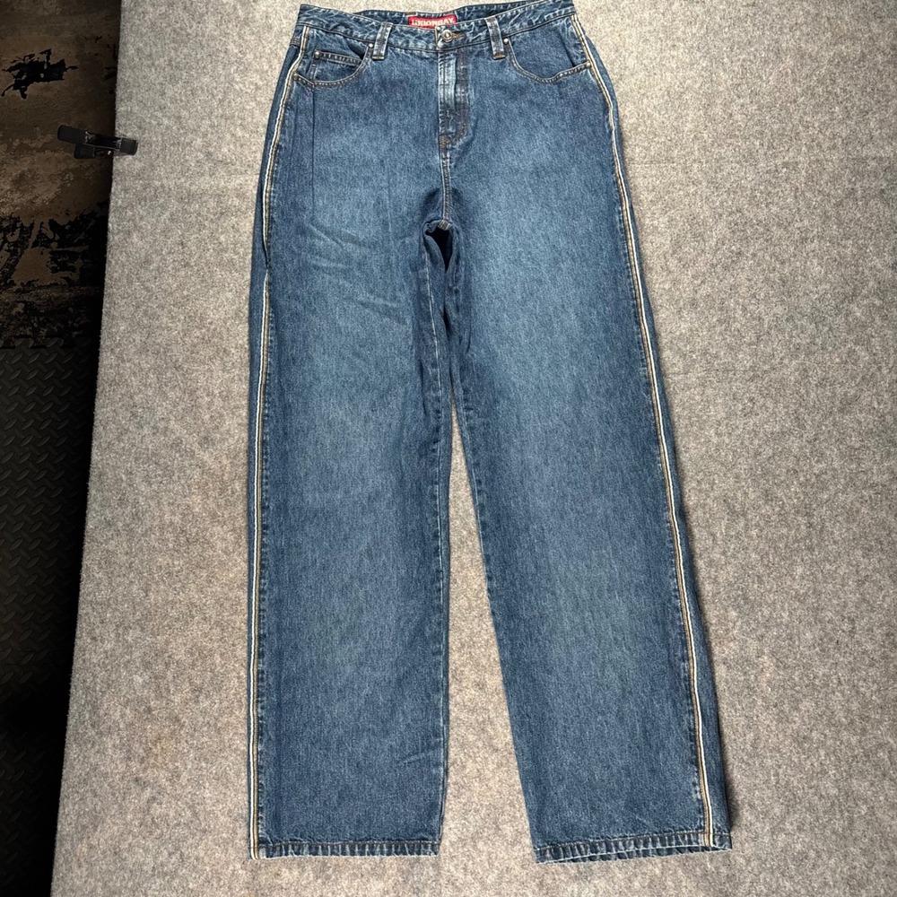 VTG Unionbay Jeans Juniors Sz 13 31x33 Stripe Side Leg Wide Leg Baggy Loose Blue